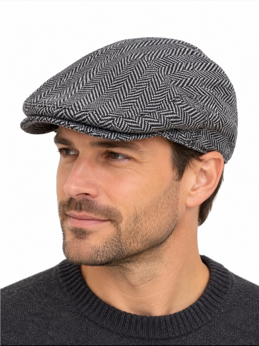 Saks Fifth Avenue Herringbone Flat Cap Hat Men Medium Made in Italy Gray Retro